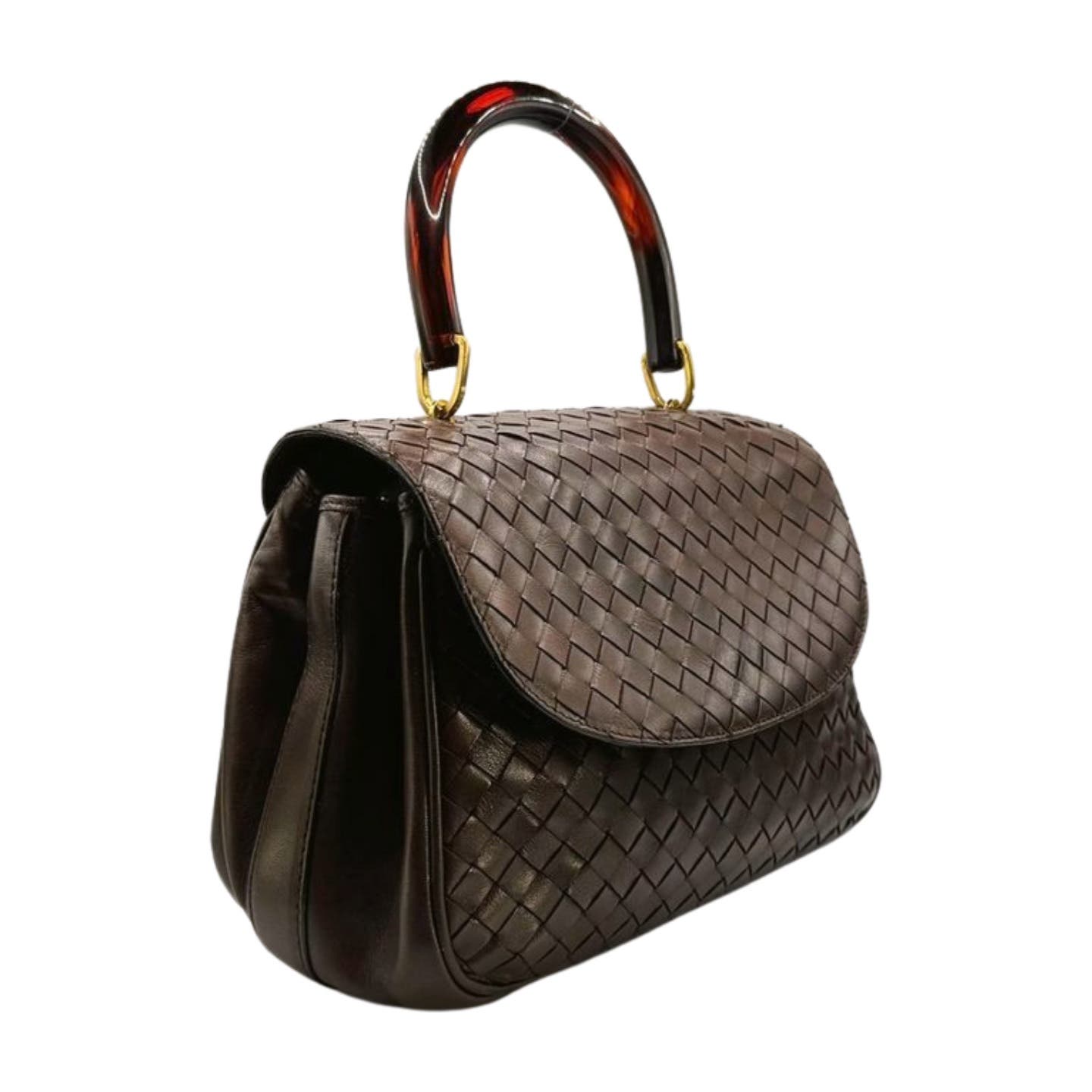 A sophisticated brown lambskin leather handbag with Intrecciato woven detailing and a glossy dark red-brown handle, accented with gold-tone hardware. The Bottega Veneta Intrecciato Top Handle Bag has a rounded, structured shape and a flap closure, exuding the elegance and classic style reminiscent of Bottega Veneta.