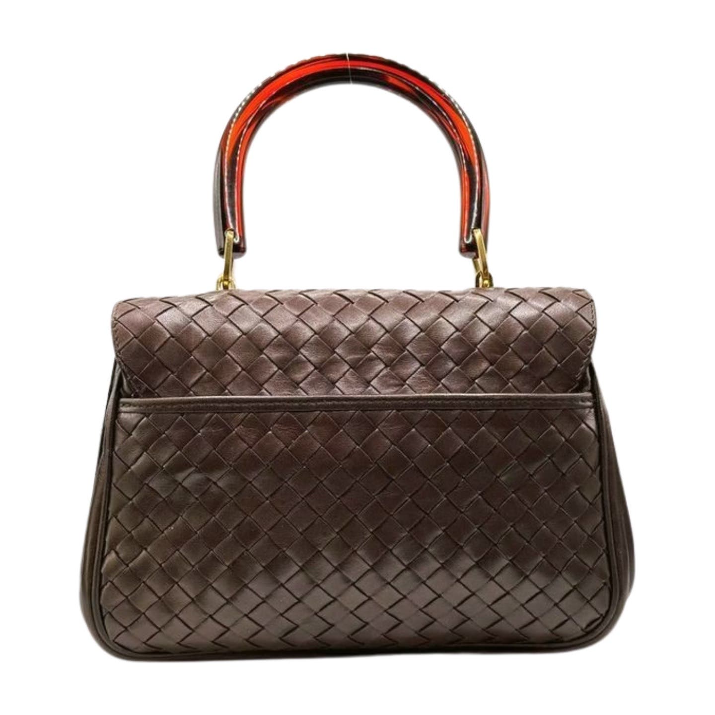 A Bottega Veneta Intrecciato Top Handle Bag, featuring a single top handle with red detailing on the underside. The bag has a structured, rectangular shape with clean, elegant lines reminiscent of Bottega Veneta's sophisticated style.