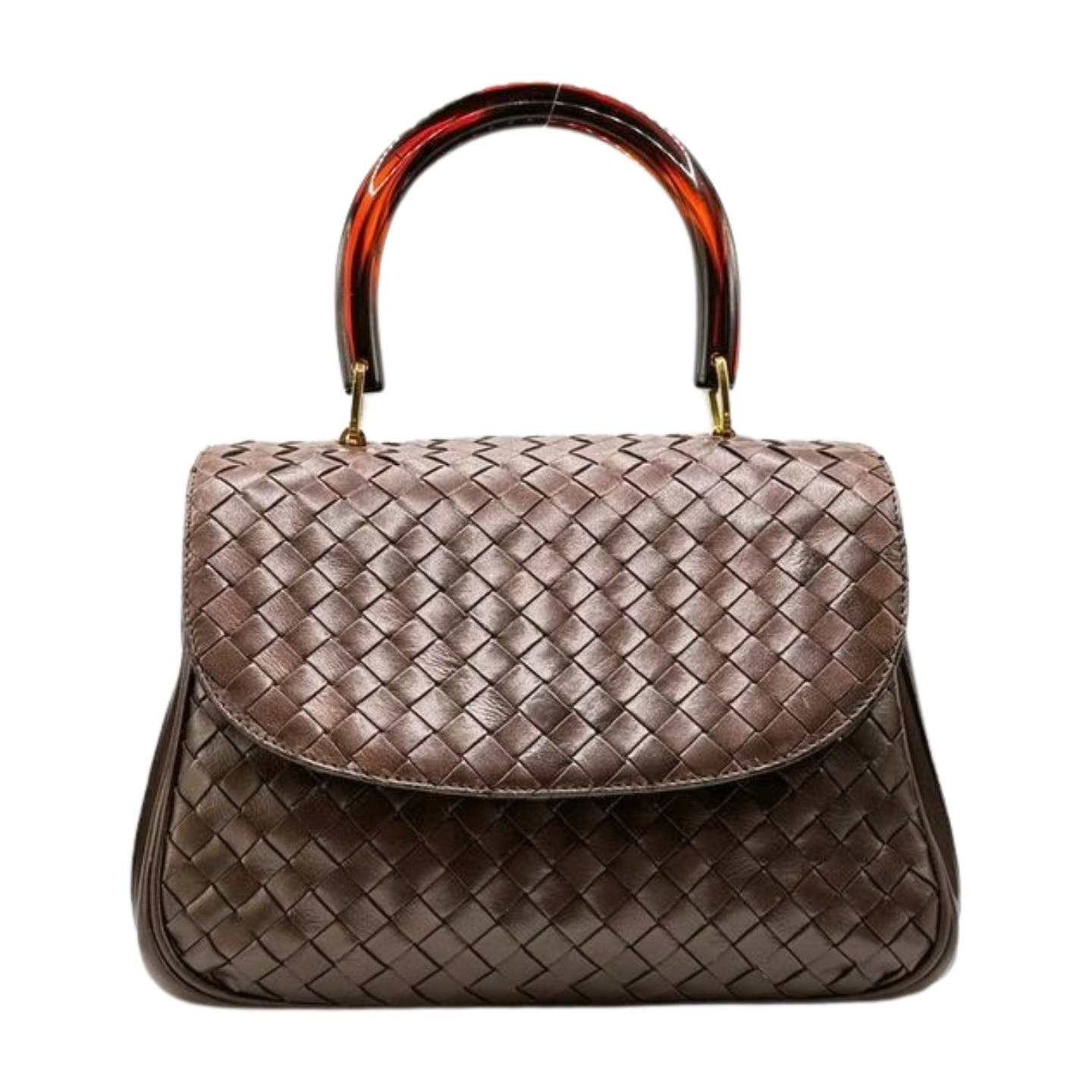A brown woven lambskin leather handbag with a flap closure and a sturdy handle that has a glossy finish with hints of red. This Bottega Veneta Intrecciato Top Handle Bag is structured and elegant, suitable for formal or casual use.