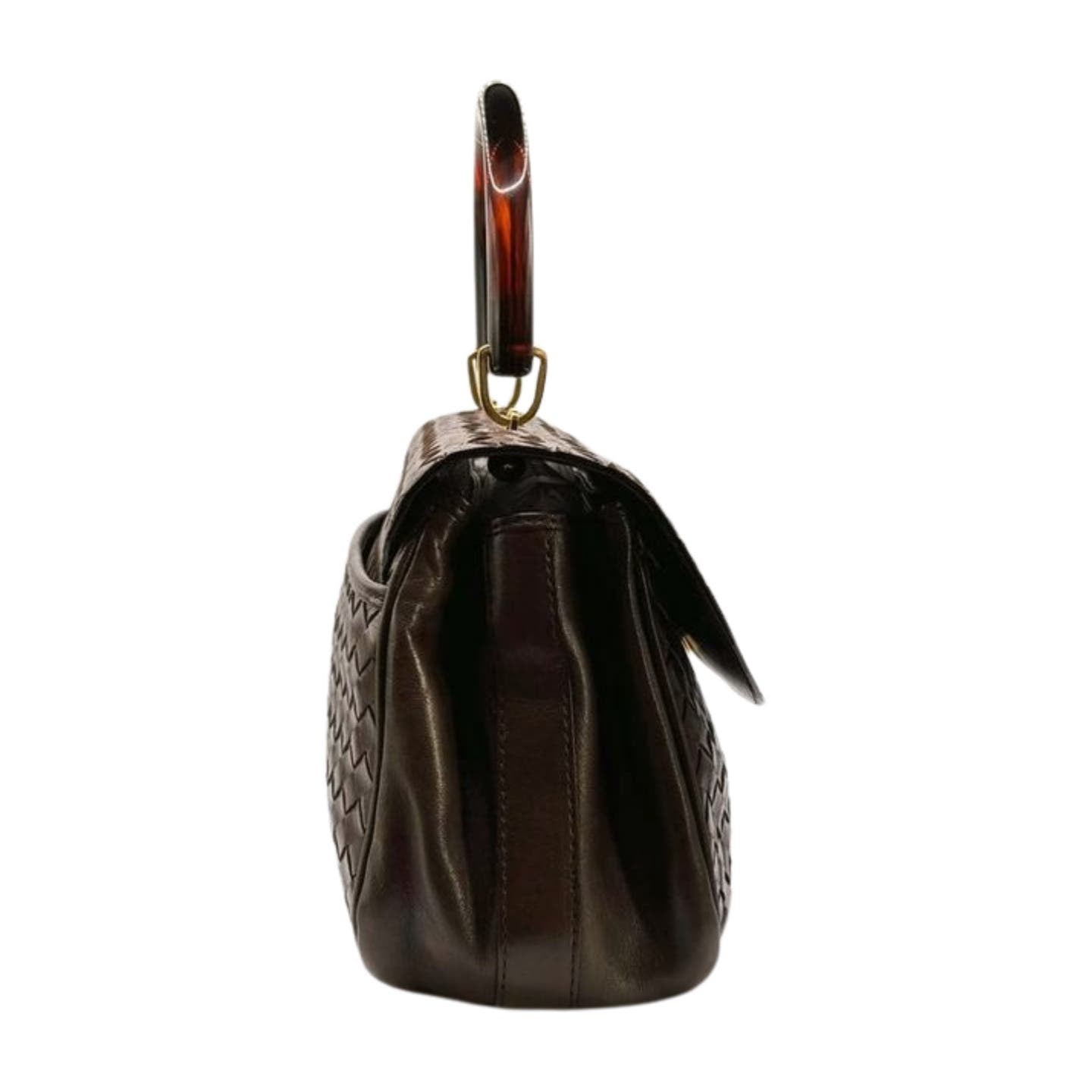 A side view of a dark brown leather handbag featuring Bottega Veneta's signature Intrecciato woven pattern on the exterior. The Bottega Veneta Intrecciato Top Handle Bag, crafted from sumptuous lambskin leather, has a large, sturdy handle attached with gold rings and a flap closure. The handle appears to be of a different material with a marbled, glossy finish.