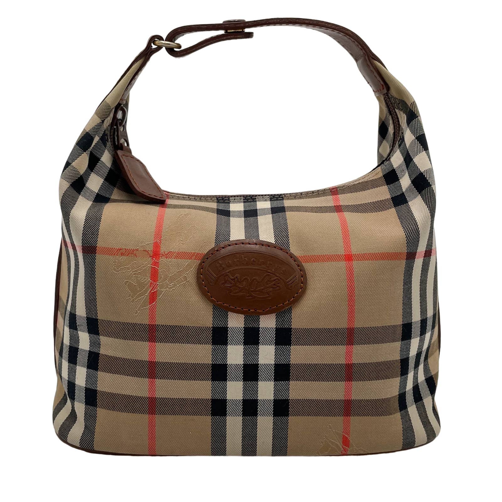 A stylish Burberry Vintage House Check Bag with a classic beige, black, and red tartan plaid pattern. Made from canvas with leather trim, the bag features brown leather handles and a circular brown leather patch with decorative stitching, creating a polished and sophisticated appearance. A zip top ensures your essentials are secure.