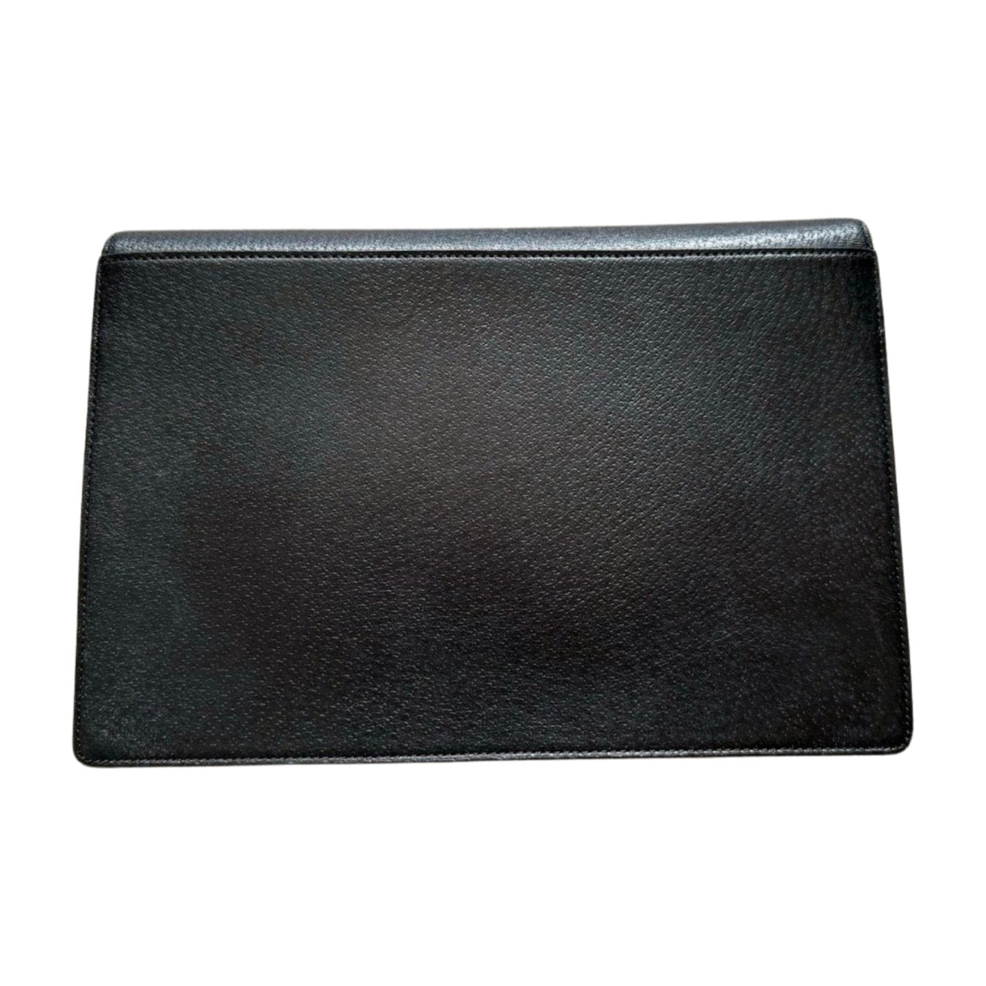 A black leather rectangular object with a smooth, grained surface, likely a flat case, wallet, or pouch. The Valentino Garavani Valentino Black Leather Clutch is photographed against a white background.