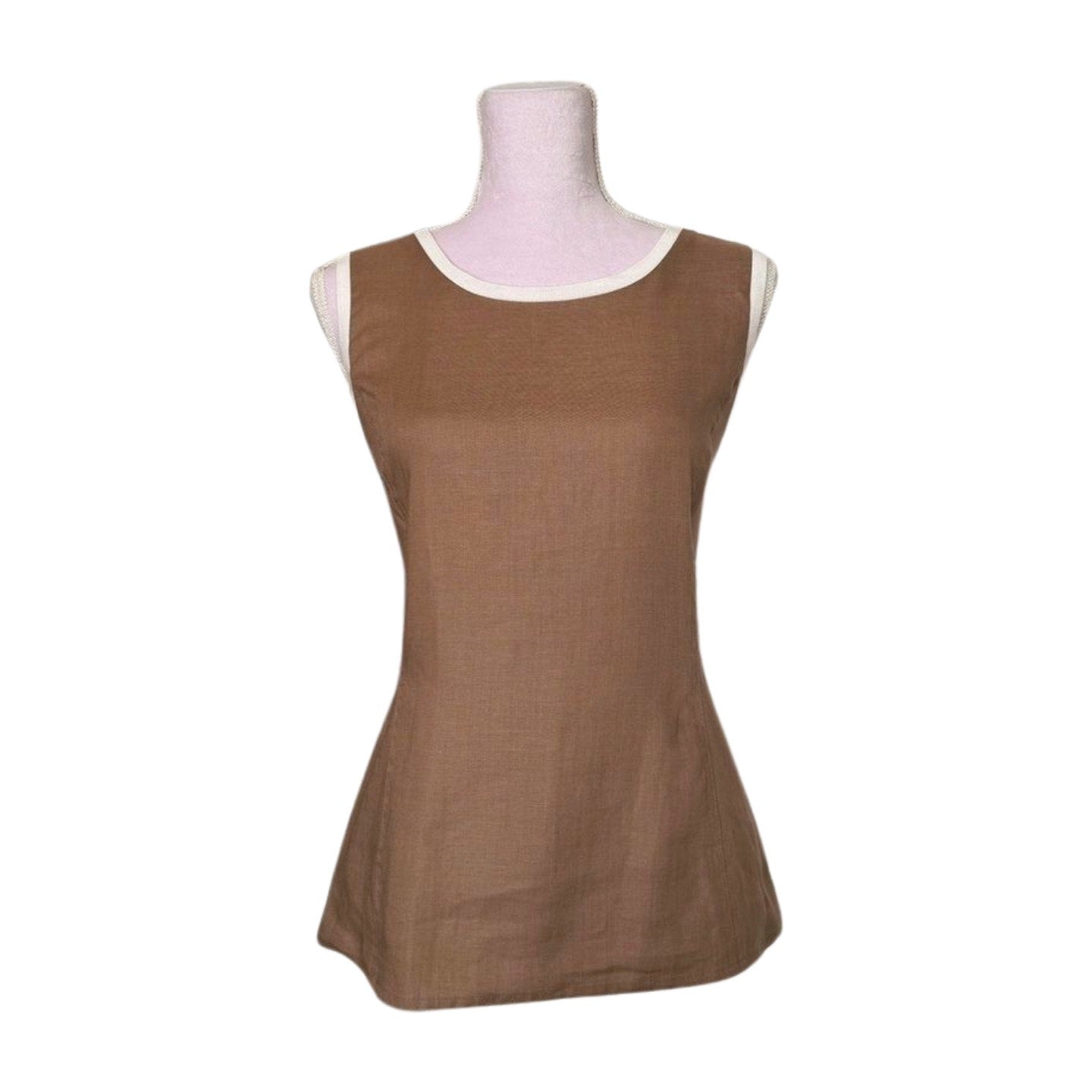 A sleeveless brown Valentino Miss V Linen Tank Top with a fitted silhouette is displayed on a mannequin. The top features a white trim along the neckline and armholes. Made from 100% linen, it appears lightweight and perfect as a summer top for casual wear. The background is plain white.