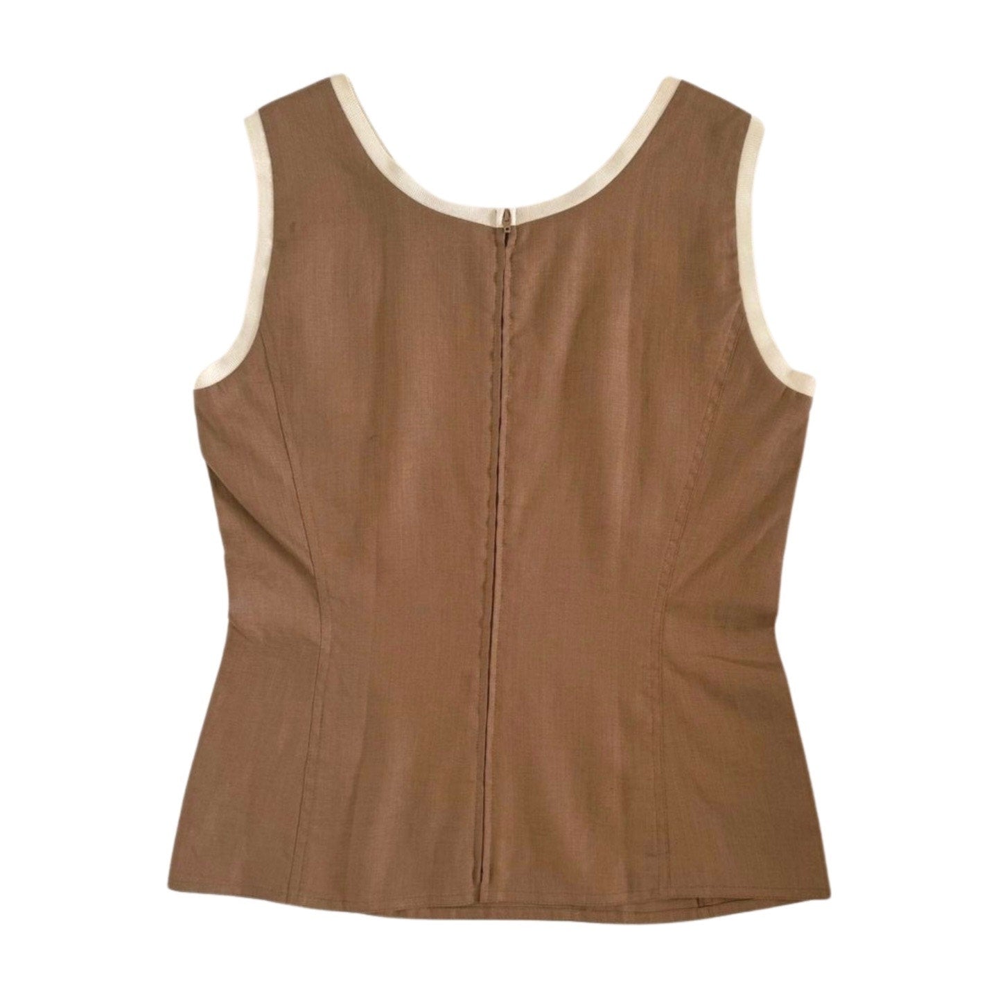 A Valentino Miss V Linen Tank Top by Valentino Miss V with a scoop neckline and a fitted silhouette. The back features a zipper closure, and the edges are lined with a beige trim. Made from 100% linen, this summer top has a slightly textured appearance, reminiscent of vintage Valentino elegance.