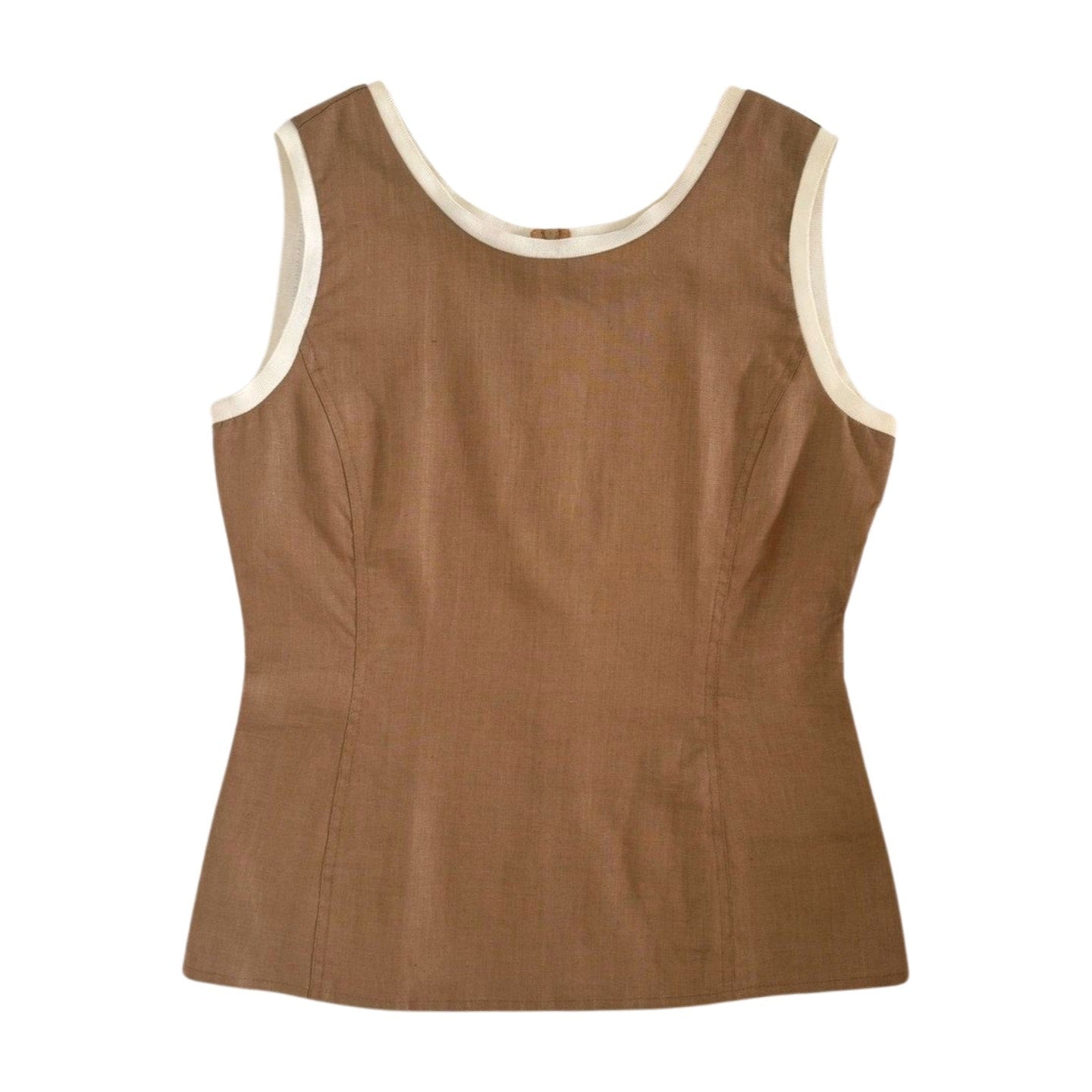 A Valentino Miss V Linen Tank Top with white trim around the neckline and armholes. The top has a fitted silhouette and is made from solid, textured 100% linen. The design is simple and elegant, reminiscent of vintage Valentino, without any visible buttons, zippers, or patterns.