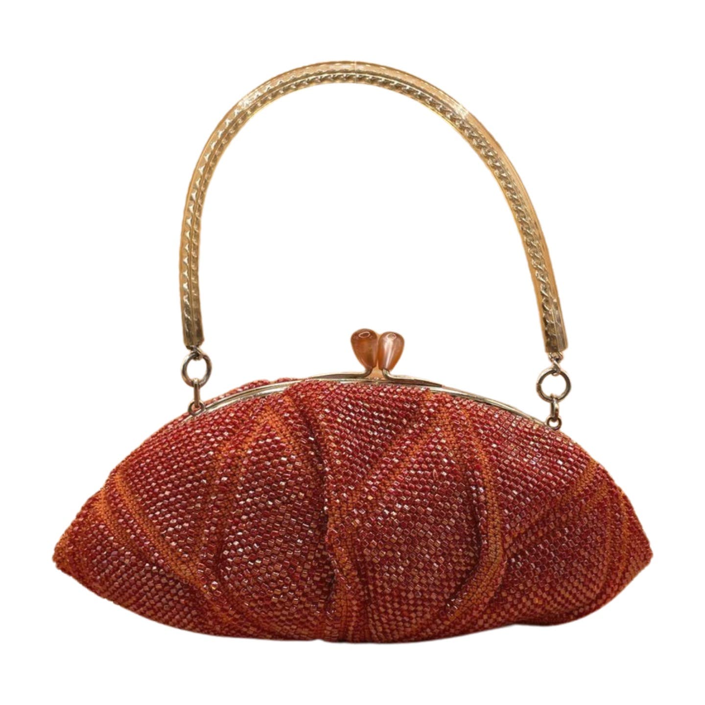 A Vintage Beaded Top Handle Bag in beautiful vintage condition, featuring a decorative clasp and a gold-toned chain handle. The beads form a geometric pattern across the body of the bag, giving this beaded number an elegant, textured appearance.