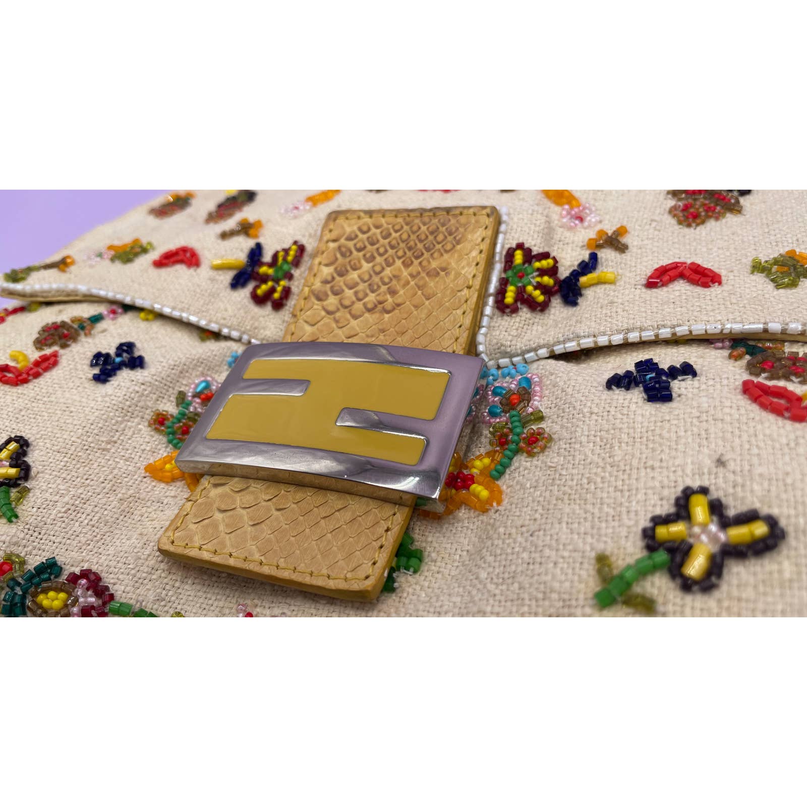 Fendi Mamma Baguette Linen Beaded Ecru - Le Look