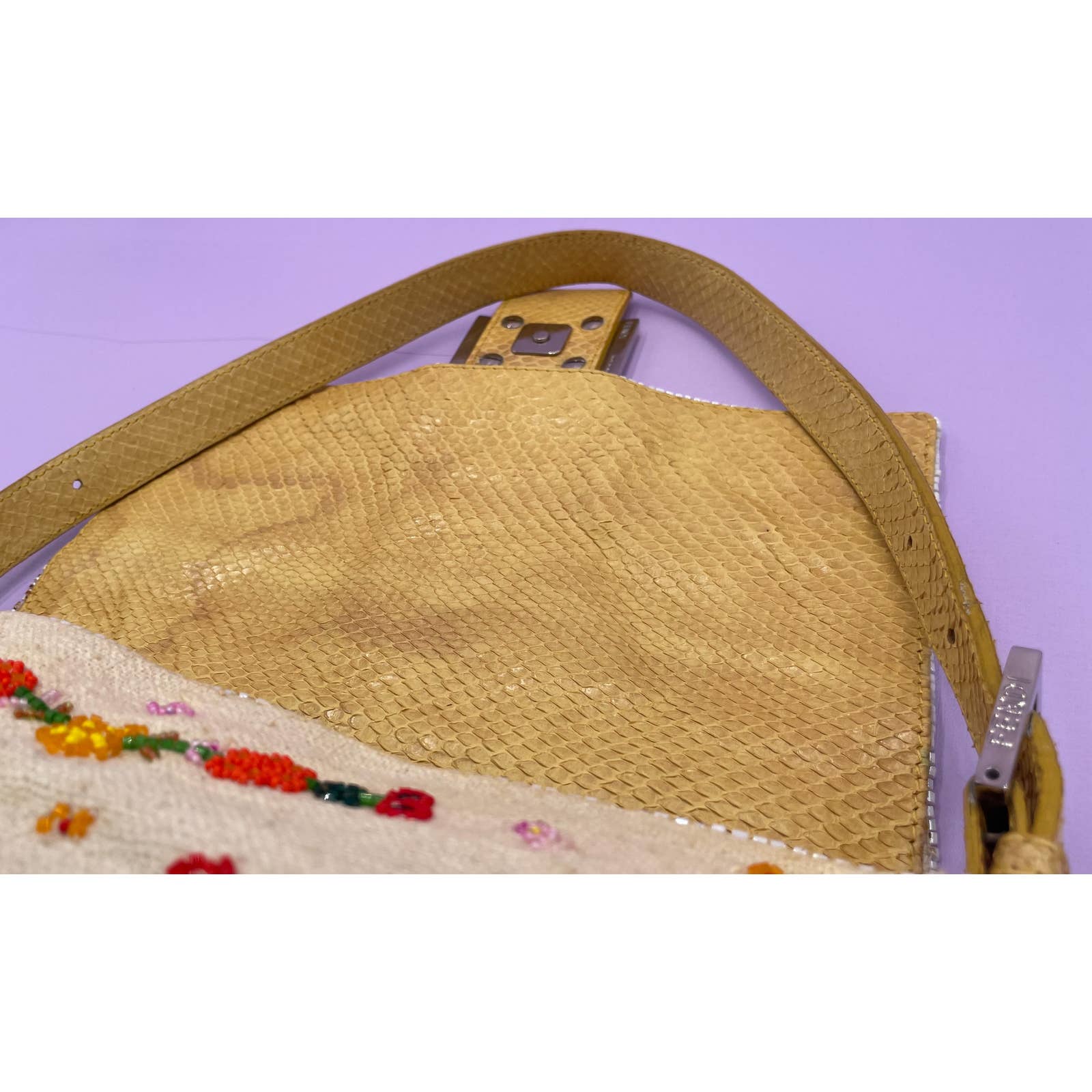 Fendi Mamma Baguette Linen Beaded Ecru - Le Look